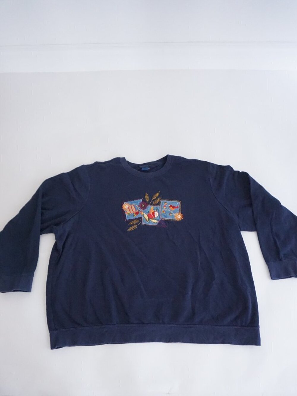 Vintage Basic Edition Navy Fall Apple Embroidered Sweatshirt Cotton Blend 3X